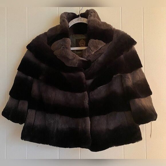 Christopher Whyte Jacket Women’s Large Gray Black Rabbit Fur Silk Lined NWT